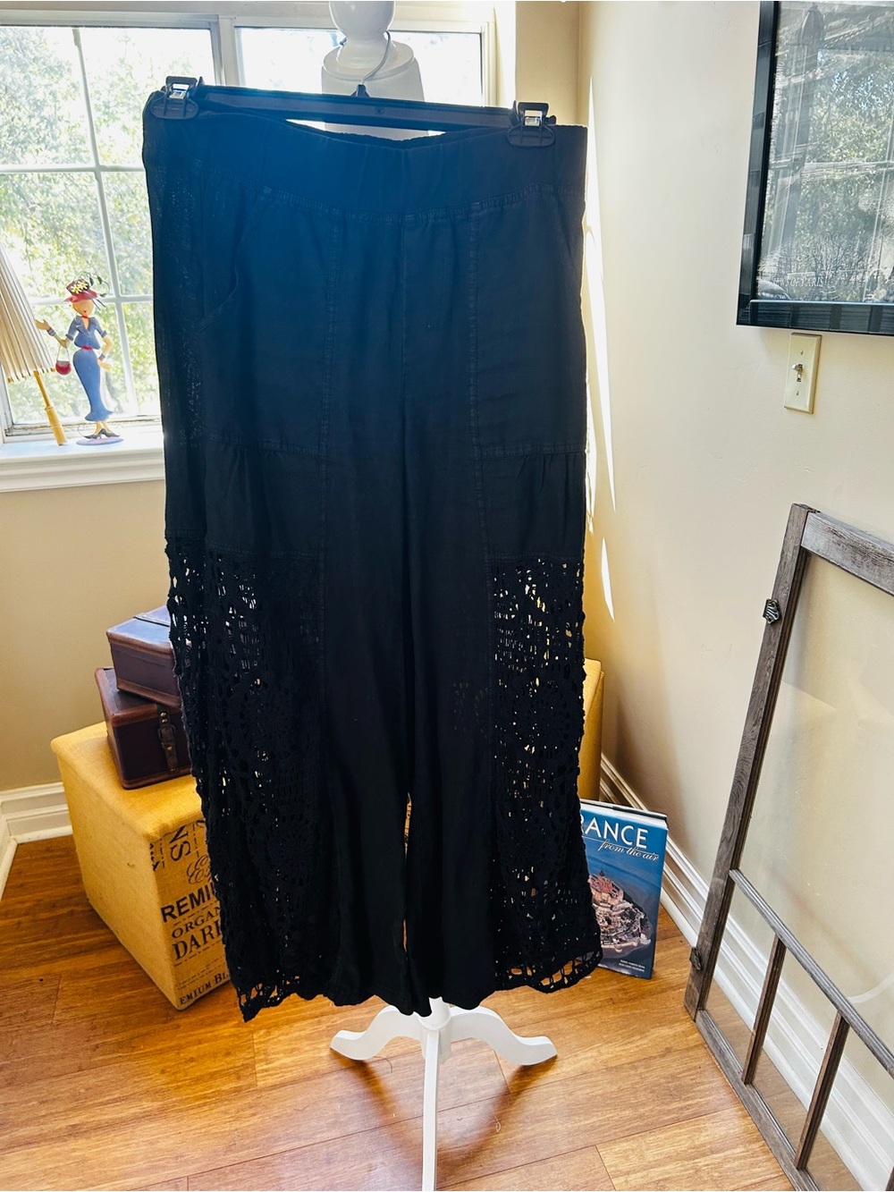 XCVI Black Wide-Leg Crochet-Panel Pants